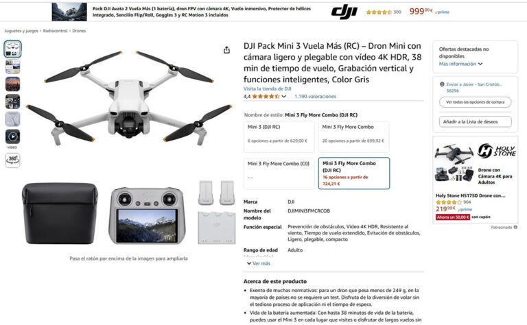 Los drones de fabricación china DJI se pueden adquirir en varias plataformas digitales. (Fuente: https://www.amazon.es)