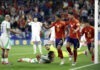 Jugadores de España festejan el gol en propia puerta del italiano Calafiori. (Fuente: https://www.uefa.com)