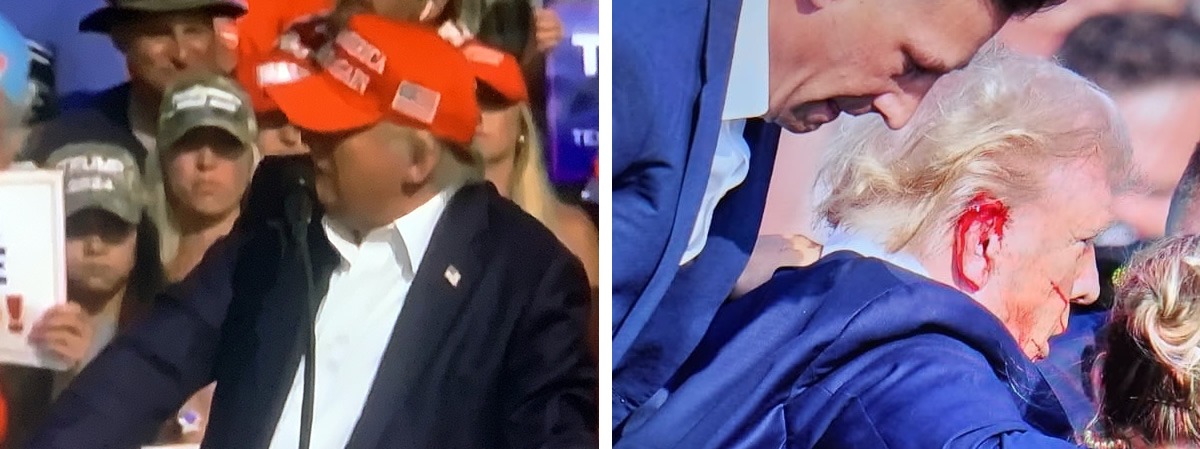 Donald Trump segundos antes de los disparos, y detalle de la abundante sangre en su oreja derecha.