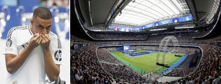Mbappé besa el escudo del club de sus sueños con un Estadio Bernabeu repleto de aficionados. (Fuente: https://www.realmadrid.com)